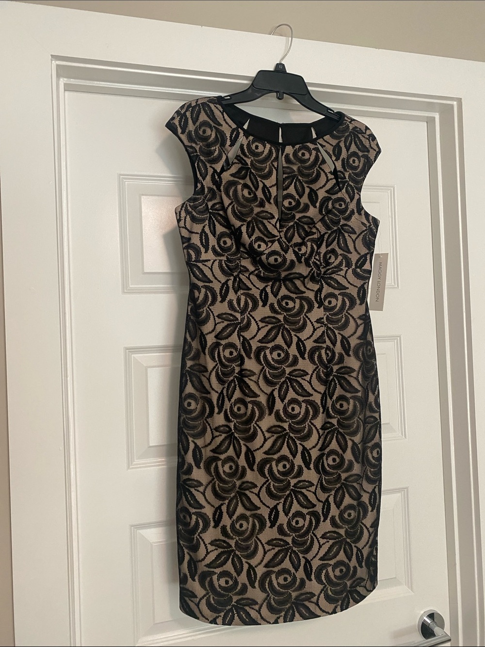 Maggy London Nude Dress with Black Floral Lace Overlay